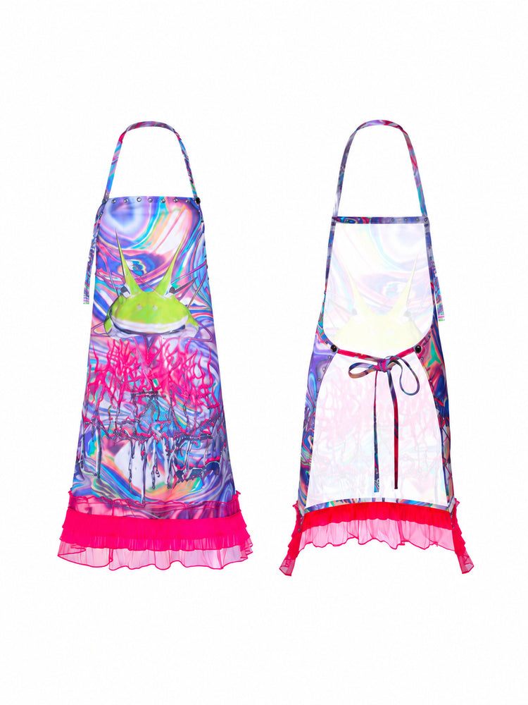 PINKSPINK HORNED FROG ruffle-trim layering apron in pink multicolor — front and reverse garment-only views showing the halter strap, waist ties and pink ruffled hem