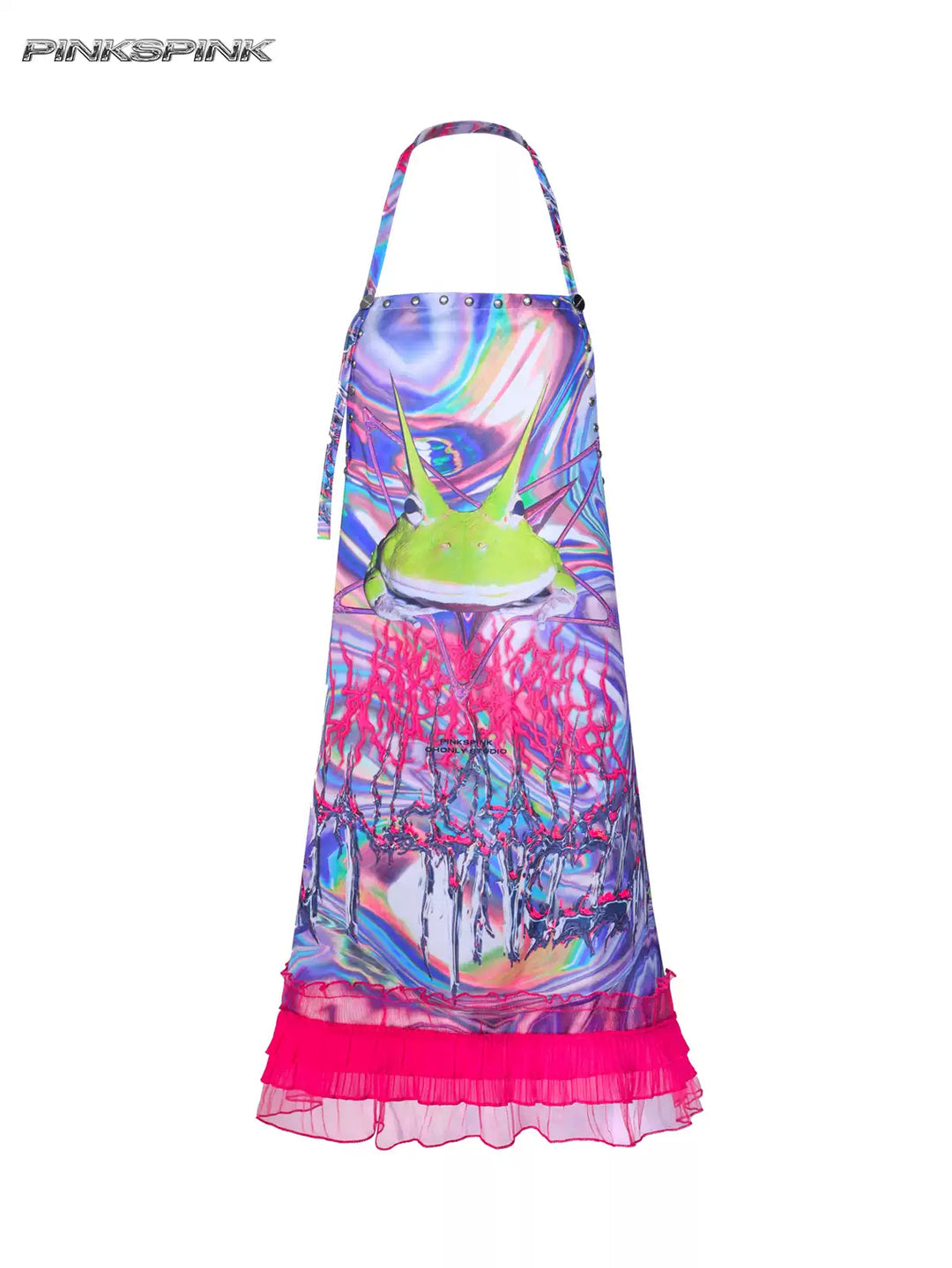 PINKSPINK HORNED FROG ruffle-trim layering apron in pink multicolor — front garment-only view showing the neck strap and ruffle trim