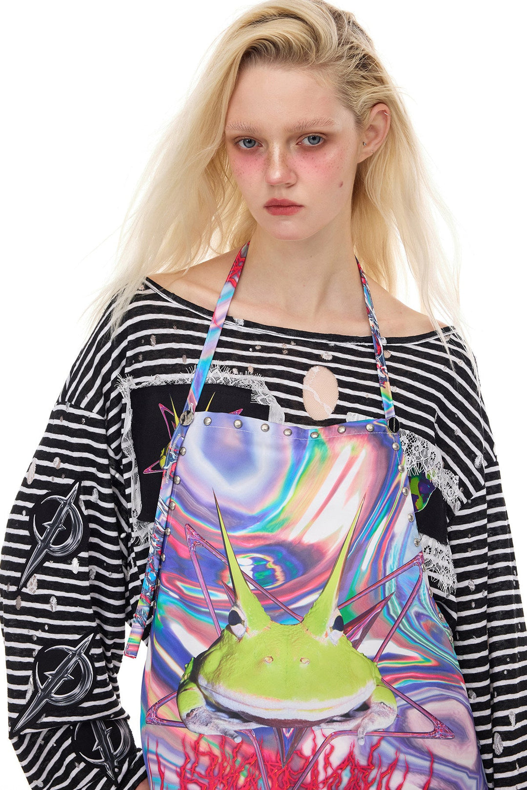 PINKSPINK HORNED FROG ruffle-trim layering apron in pink multicolor — close-up of the studded bib and horned-frog print