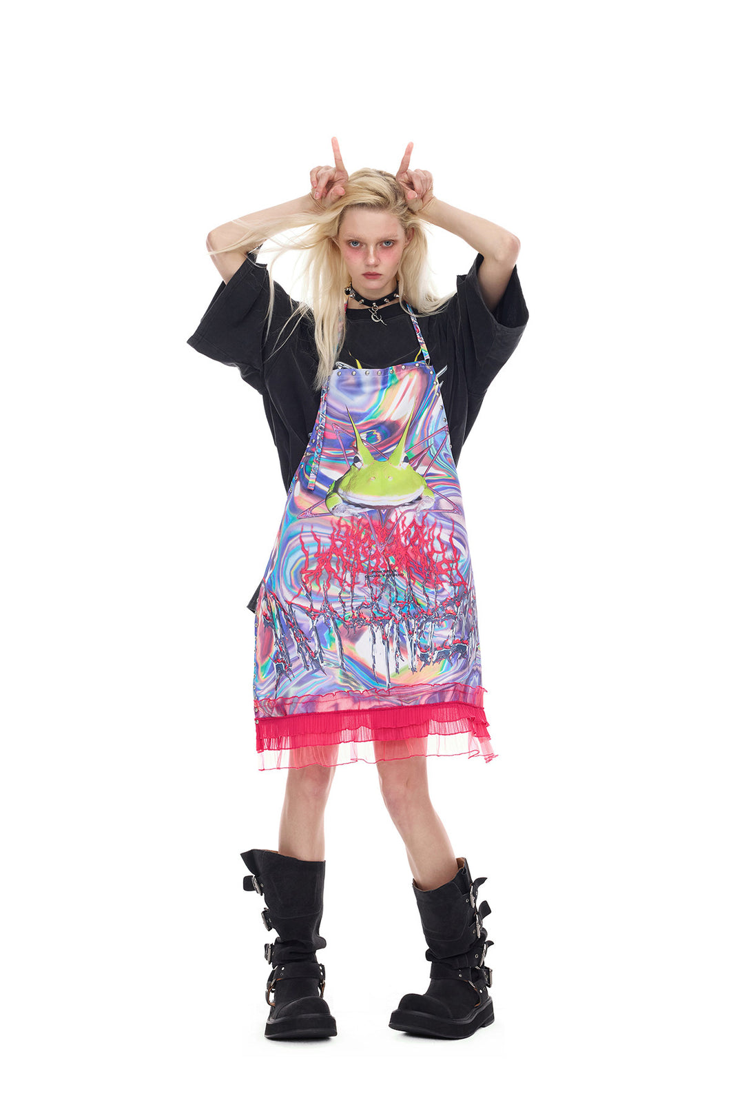 PINKSPINK HORNED FROG ruffle-trim layering apron in pink multicolor — front full-length modeled view with raised arms