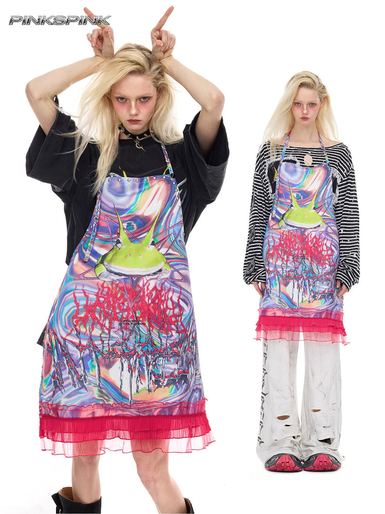 PINKSPINK HORNED FROG ruffle-trim layering apron in pink multicolor — collage of modeled looks showing the psychedelic print and pink ruffled hem