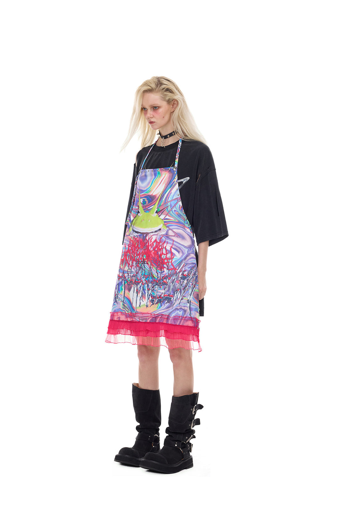 PINKSPINK HORNED FROG ruffle-trim layering apron in pink multicolor — side full-length modeled view layered over a black tee