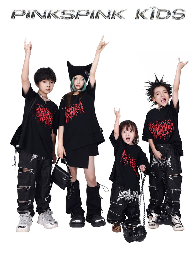PINKSPINK THORN kids distressed logo tee — group modeled front view with raised arms and red thorn logos