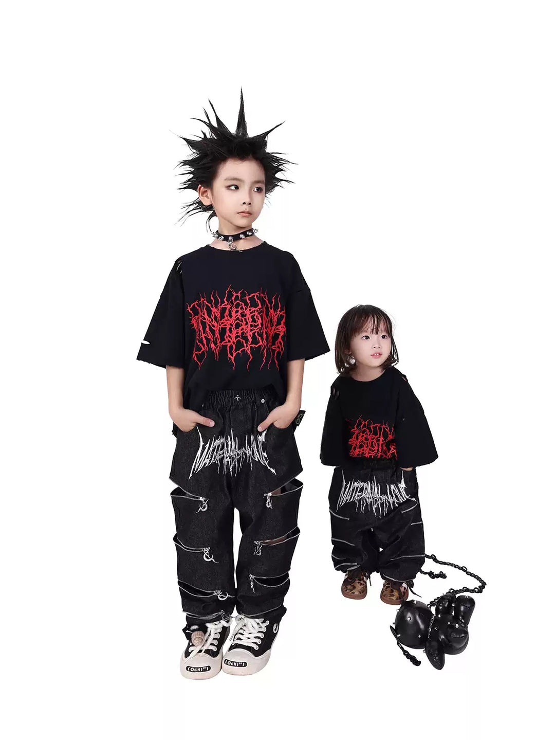 PINKSPINK THORN kids distressed logo tee — front modeled view of two kids wearing the oversized tee