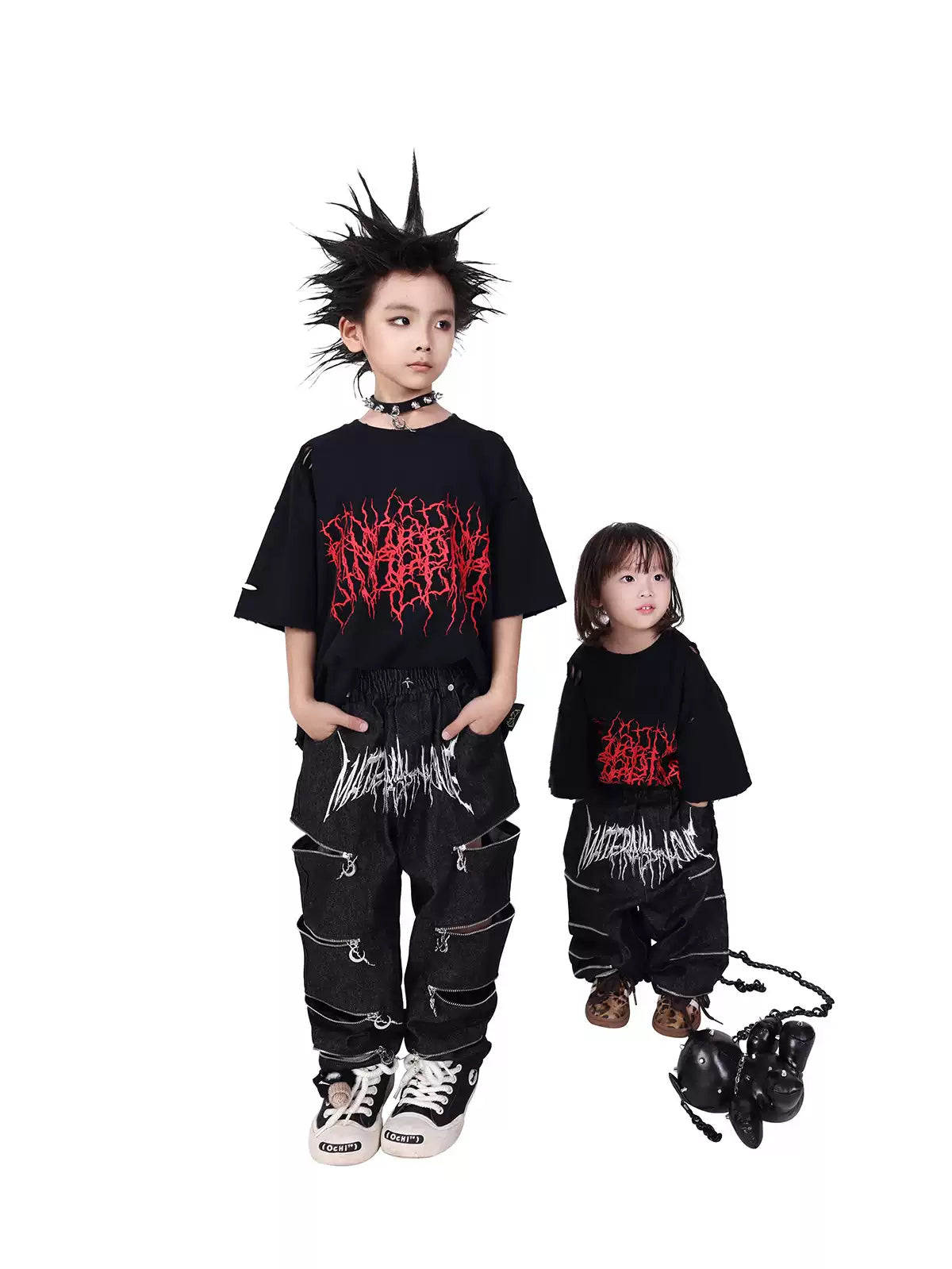 PINKSPINK THORN kids distressed logo tee — front modeled view of two kids wearing the oversized tee