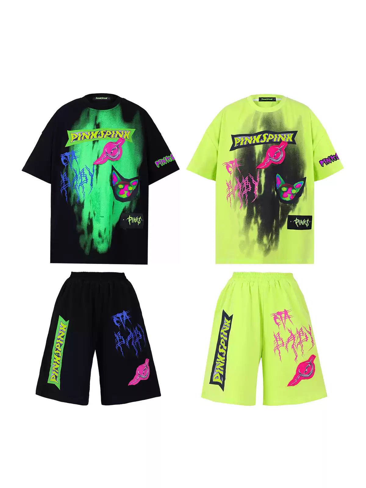 PINKSPINK COLLISION kids graffiti tee and shorts set — front garment-only view of both colorways