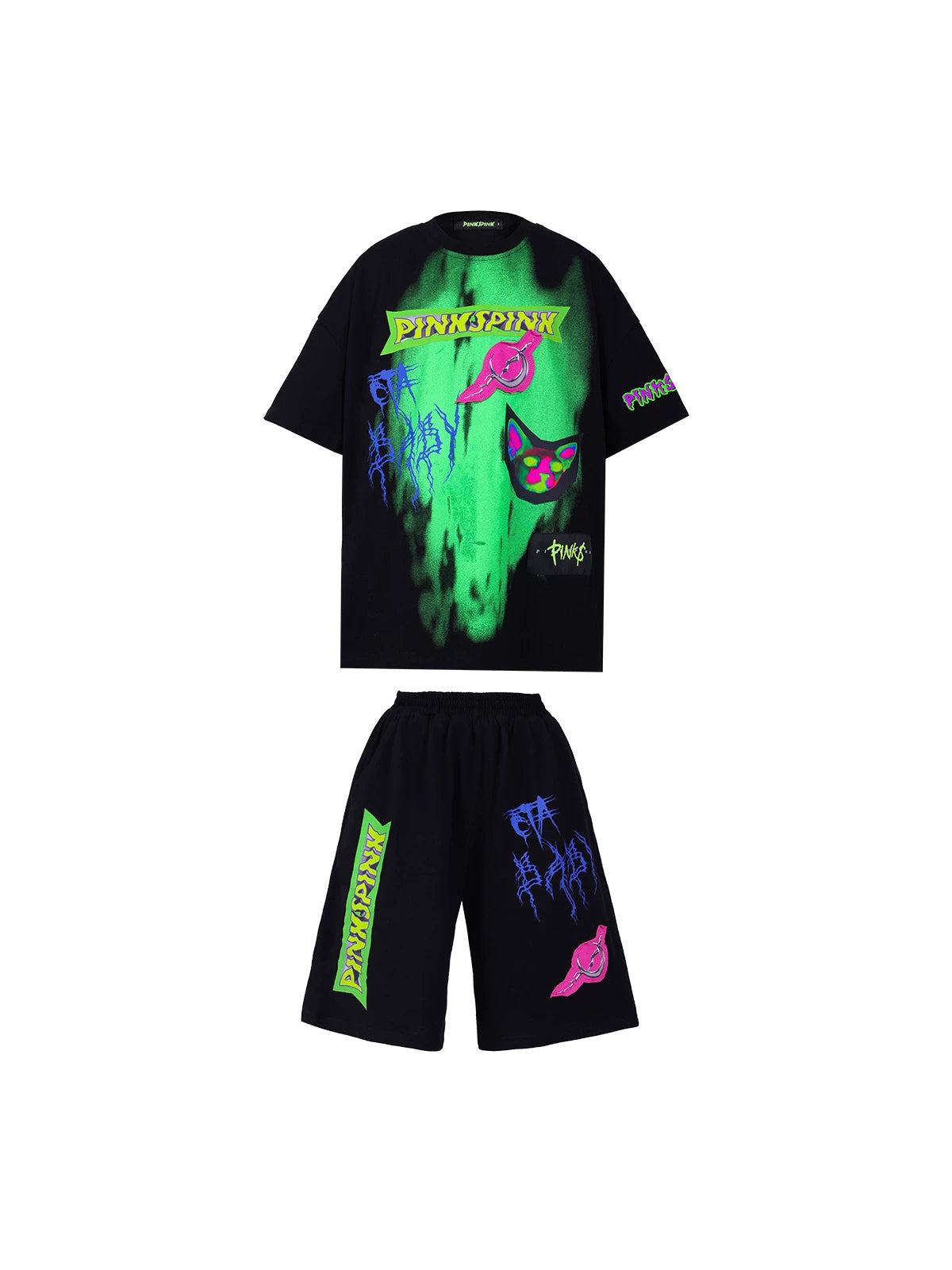 PINKSPINK COLLISION kids graffiti tee and shorts set — front garment-only view of the black tee and shorts
