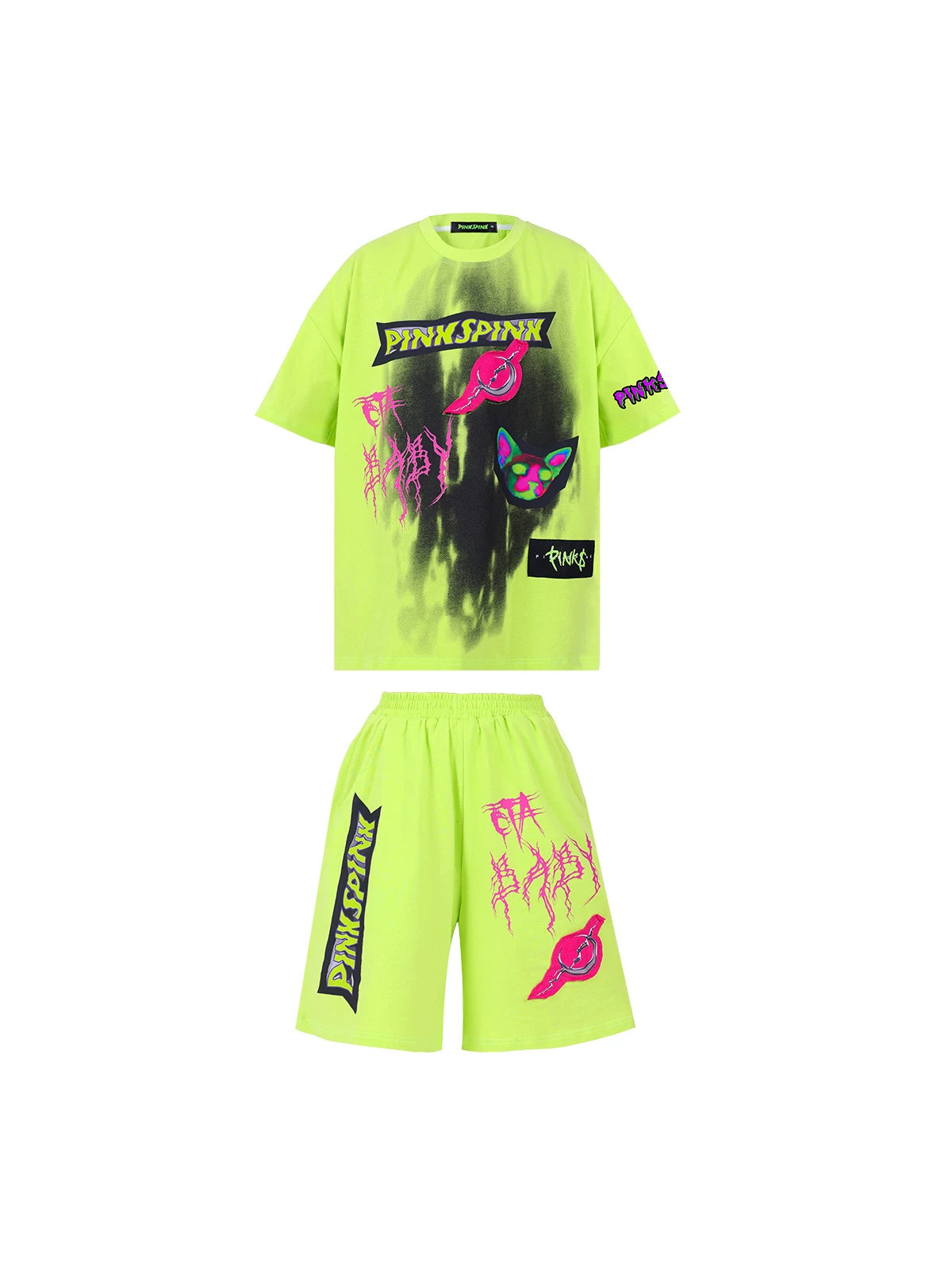 PINKSPINK COLLISION kids graffiti tee and shorts set — front garment-only view of the neon-green tee and shorts