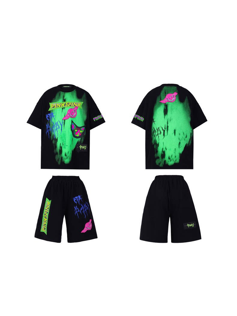 PINKSPINK COLLISION kids graffiti tee and shorts set — front and back garment-only views of the black set