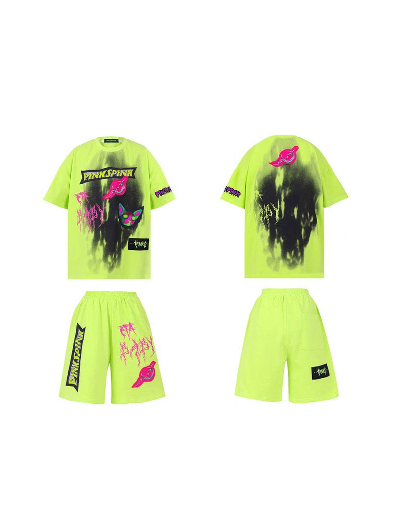 PINKSPINK COLLISION kids graffiti tee and shorts set — front and back garment-only views of the neon-green set
