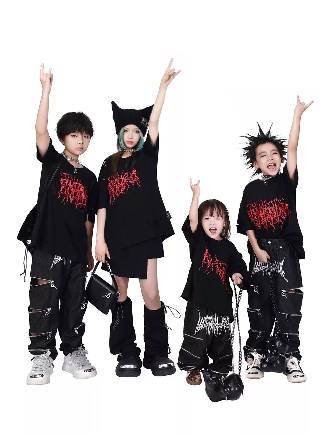 PINKSPINK ELECTRIC MOON kids multi-zip jeans — group modeled front view with arms raised