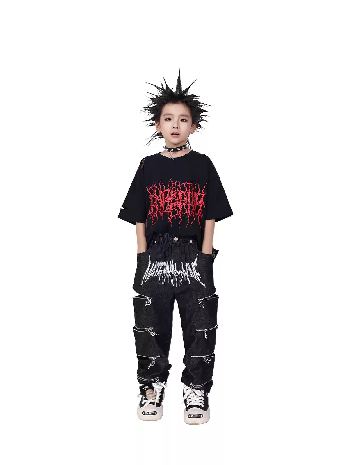 PINKSPINK ELECTRIC MOON kids multi-zip jeans — single modeled full-length front view