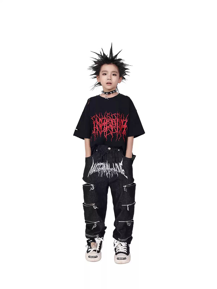 PINKSPINK ELECTRIC MOON kids multi-zip jeans — single modeled full-length front view
