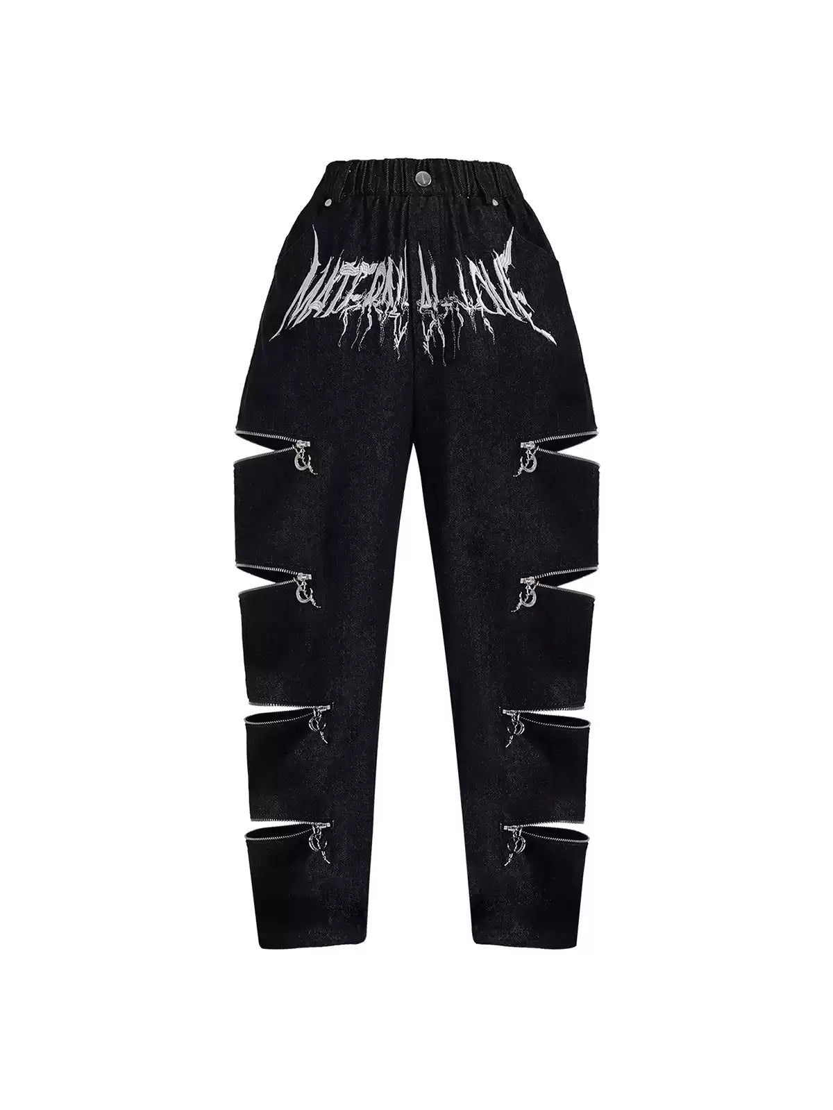 PINKSPINK ELECTRIC MOON kids multi-zip jeans — front garment-only view showing the zip fastenings and thorn logo