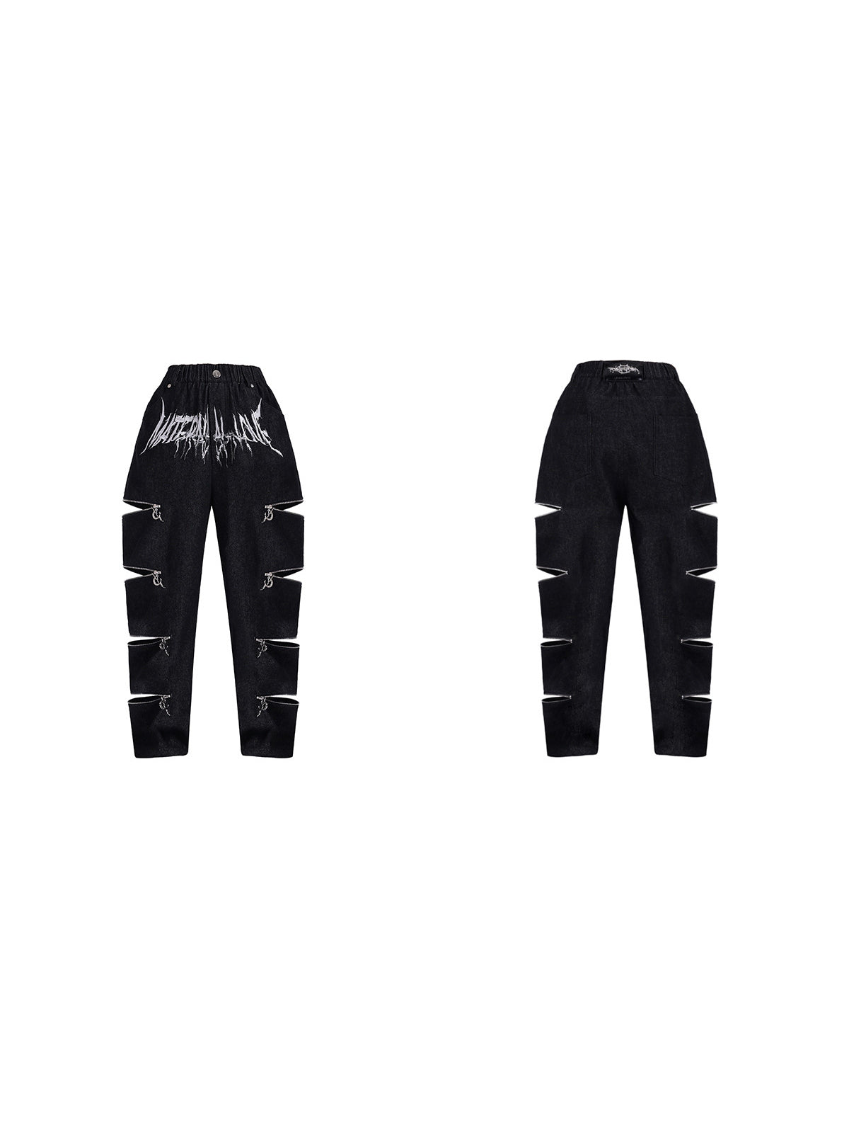 PINKSPINK ELECTRIC MOON kids multi-zip jeans — front and back garment-only views with zips opened