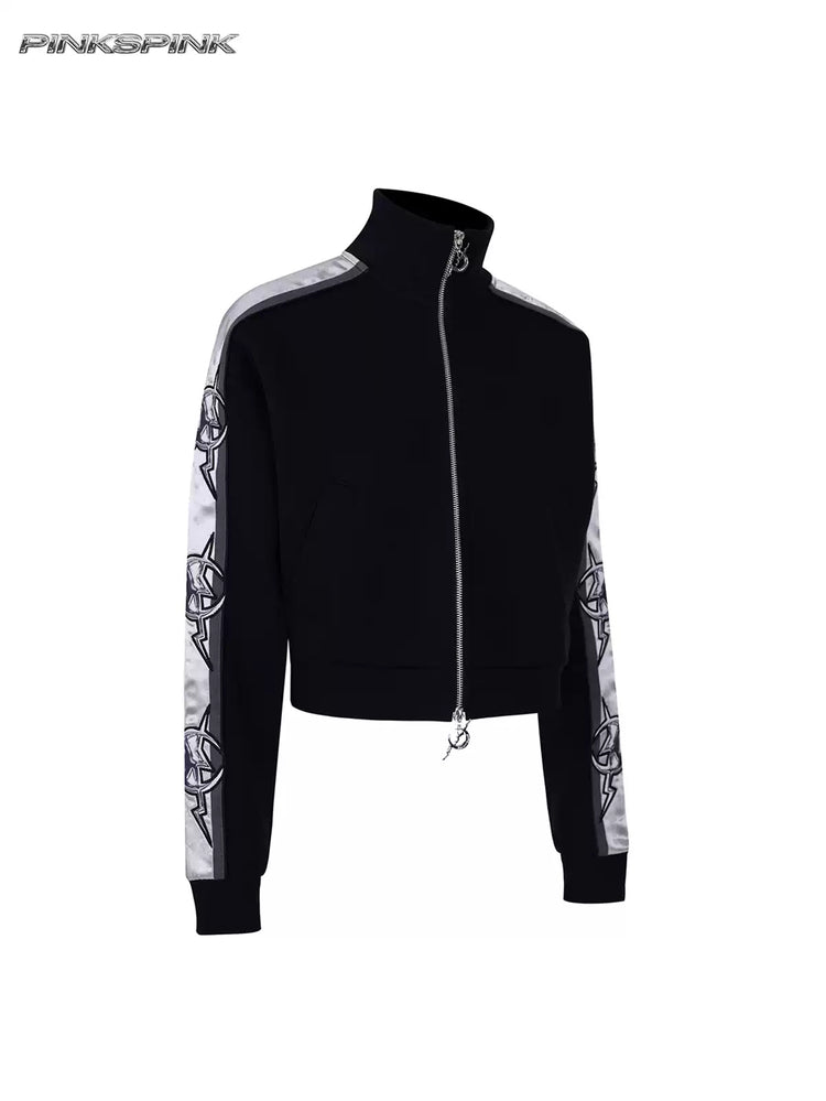PINKSPINK MIRROR silver-panel zip jacket in black and silver — front garment-only view