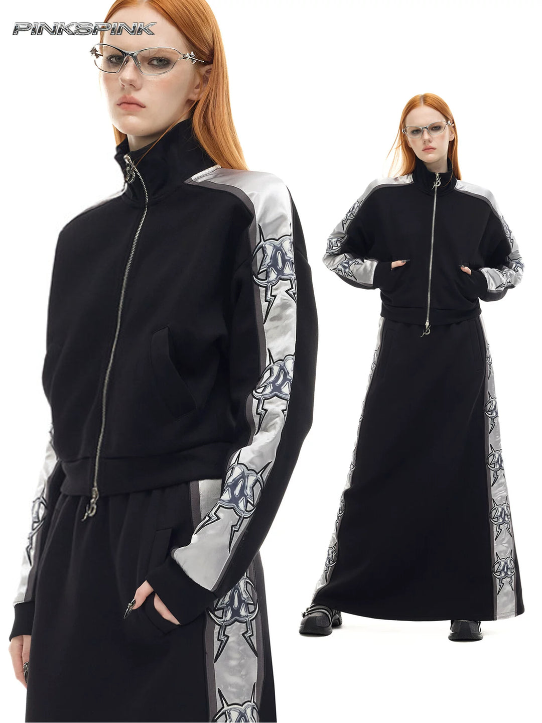 PINKSPINK MIRROR silver-panel zip jacket in black and silver — collage of front modeled views showing the silver sleeve panels