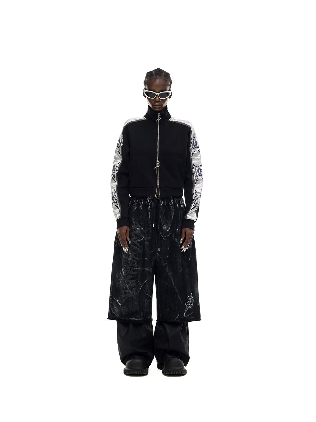 PINKSPINK MIRROR silver-panel zip jacket in black and silver — front full-length modeled view with trousers