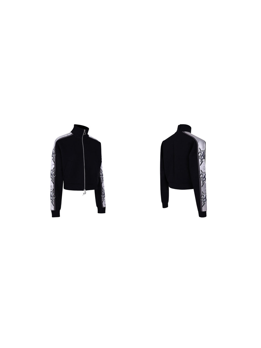 PINKSPINK MIRROR silver-panel zip jacket in black and silver — front and back garment-only views on a clean white background