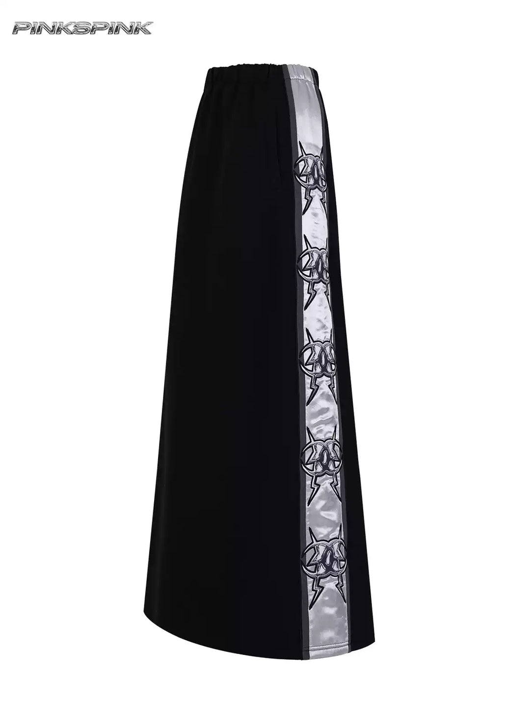 PINKSPINK MIRROR silver-panel maxi skirt in black and silver — side garment-only view showing the silver graphic panel