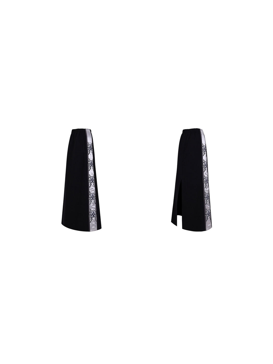 PINKSPINK MIRROR silver-panel maxi skirt in black and silver — front and back garment-only views showing the elasticated waist and back split