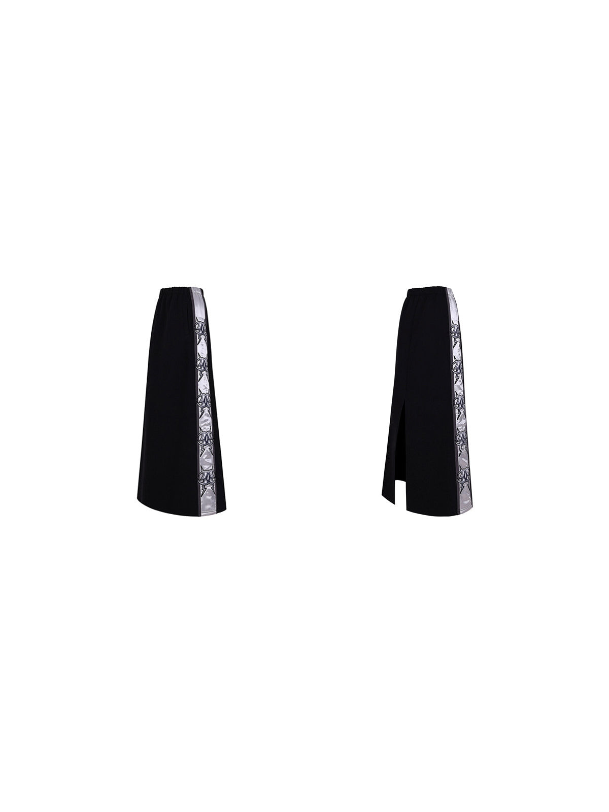 PINKSPINK MIRROR silver-panel maxi skirt in black and silver — front and back garment-only views showing the elasticated waist and back split