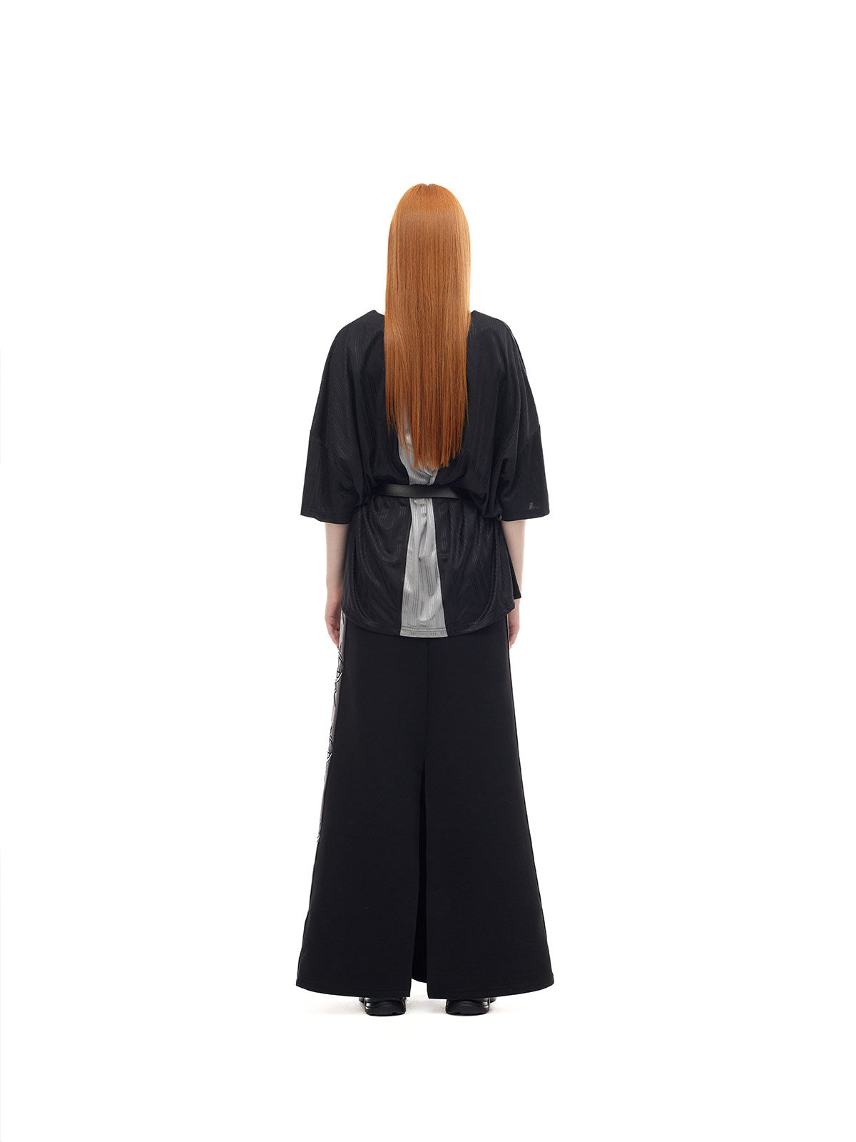 PINKSPINK MIRROR silver-panel maxi skirt in black and silver — rear full-length modeled view styled with a separate tee