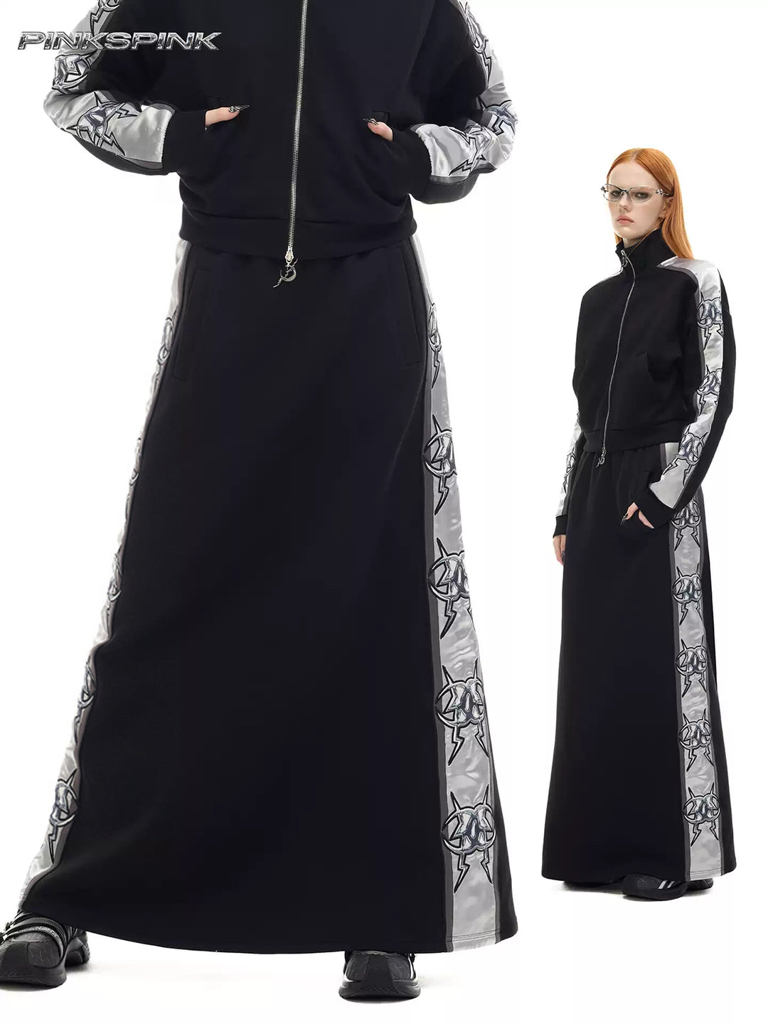 PINKSPINK MIRROR silver-panel maxi skirt in black and silver — collage of front modeled views showing the long silhouette and side panels