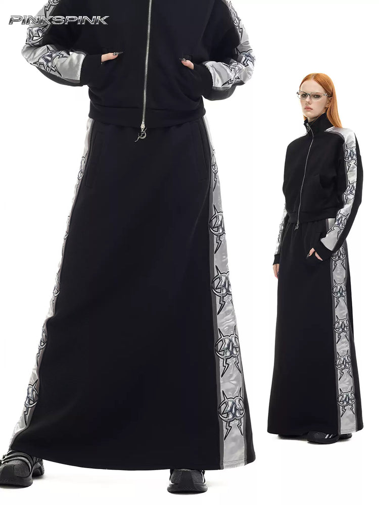 PINKSPINK MIRROR silver-panel maxi skirt in black and silver — collage of front modeled views showing the long silhouette and side panels