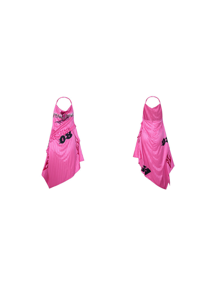 PINKSPINK asymmetric graphic halter dress in pink — front and back garment-only views on a clean white background