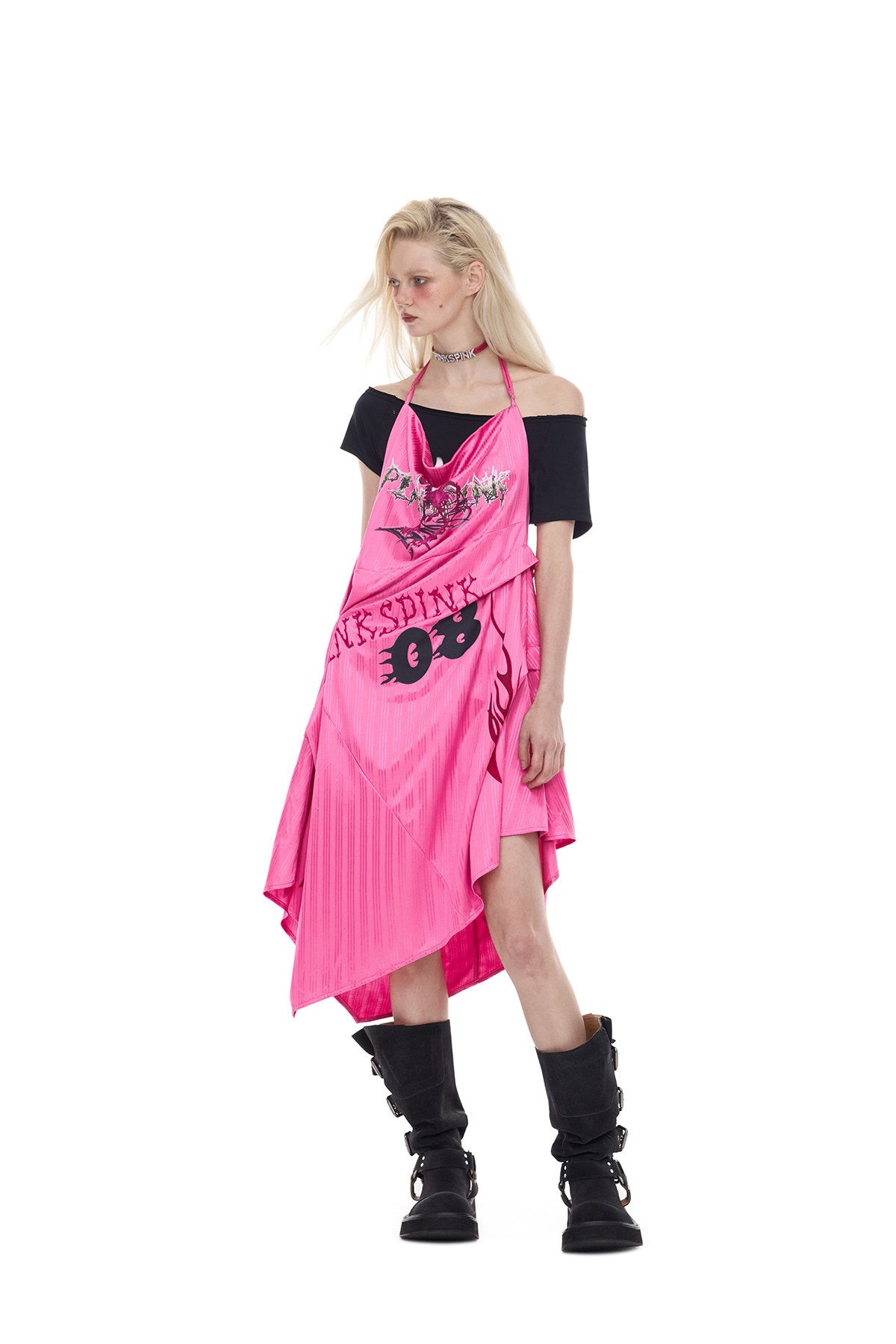 PINKSPINK asymmetric graphic halter dress in pink — three-quarter full-length modeled view