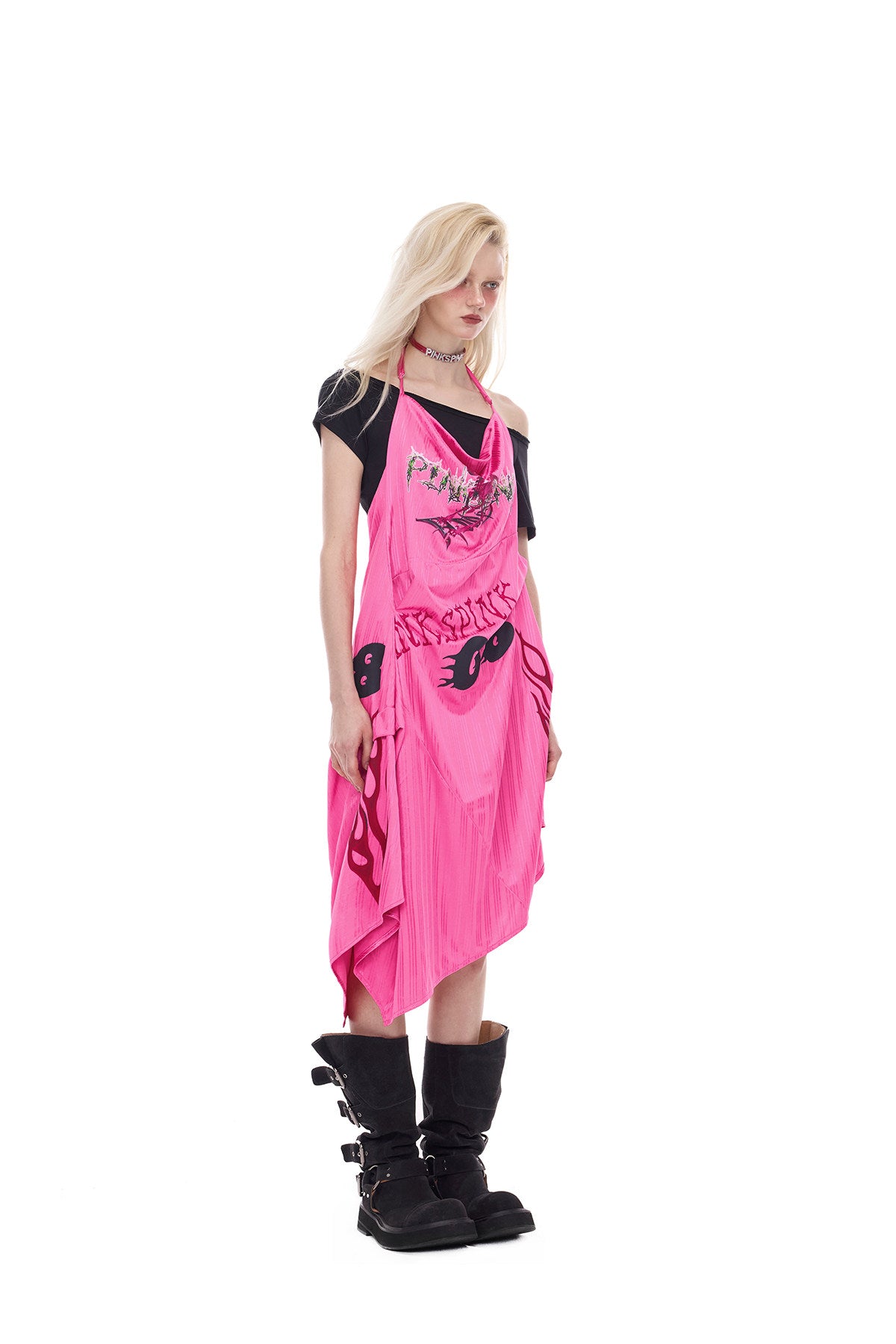 PINKSPINK asymmetric graphic halter dress in pink — opposite three-quarter full-length modeled view