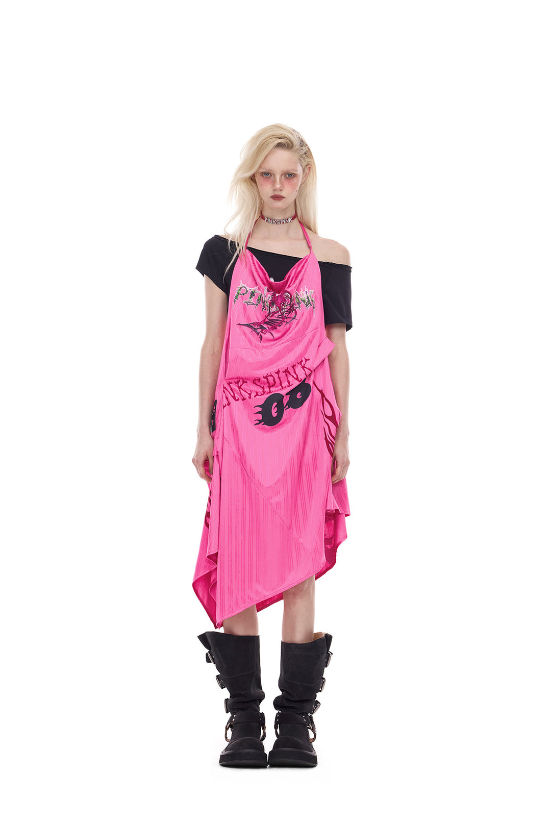 PINKSPINK asymmetric graphic halter dress in pink — front full-length modeled view showing the asymmetric hem