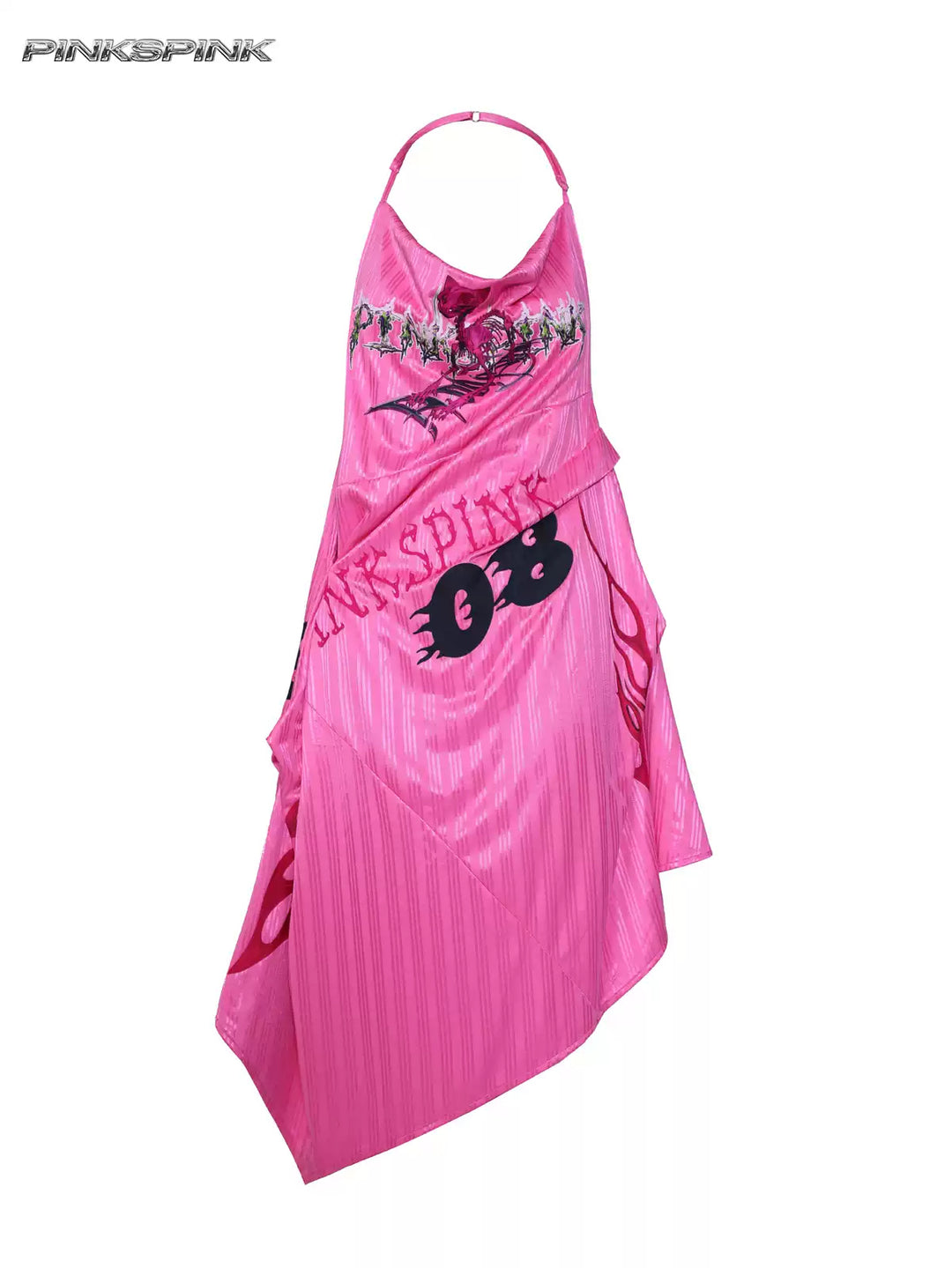 PINKSPINK asymmetric graphic halter dress in pink — front garment-only view showing the asymmetric panel construction