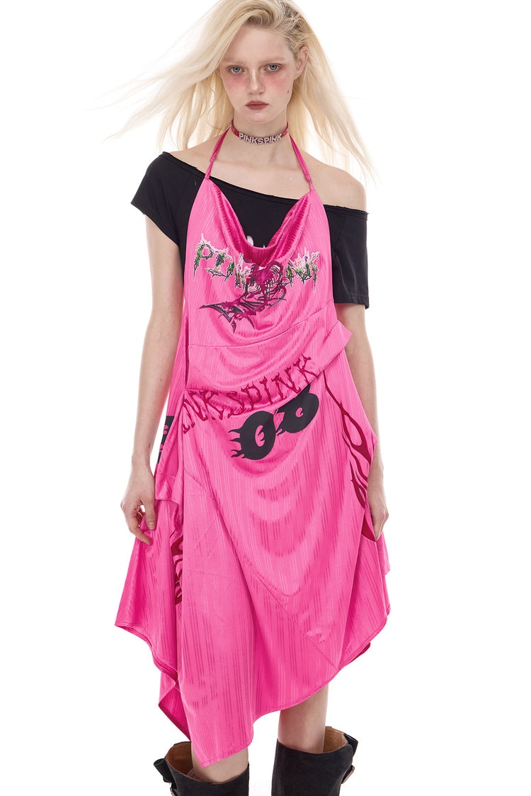 PINKSPINK asymmetric graphic halter dress in pink — front modeled view showing the draped neckline and graphic panels