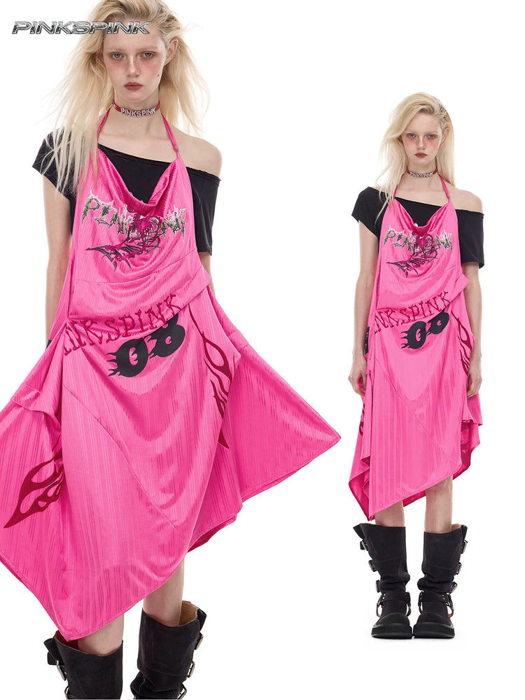 PINKSPINK asymmetric graphic halter dress in pink — collage of front modeled views showing the draped neckline and asymmetric panels