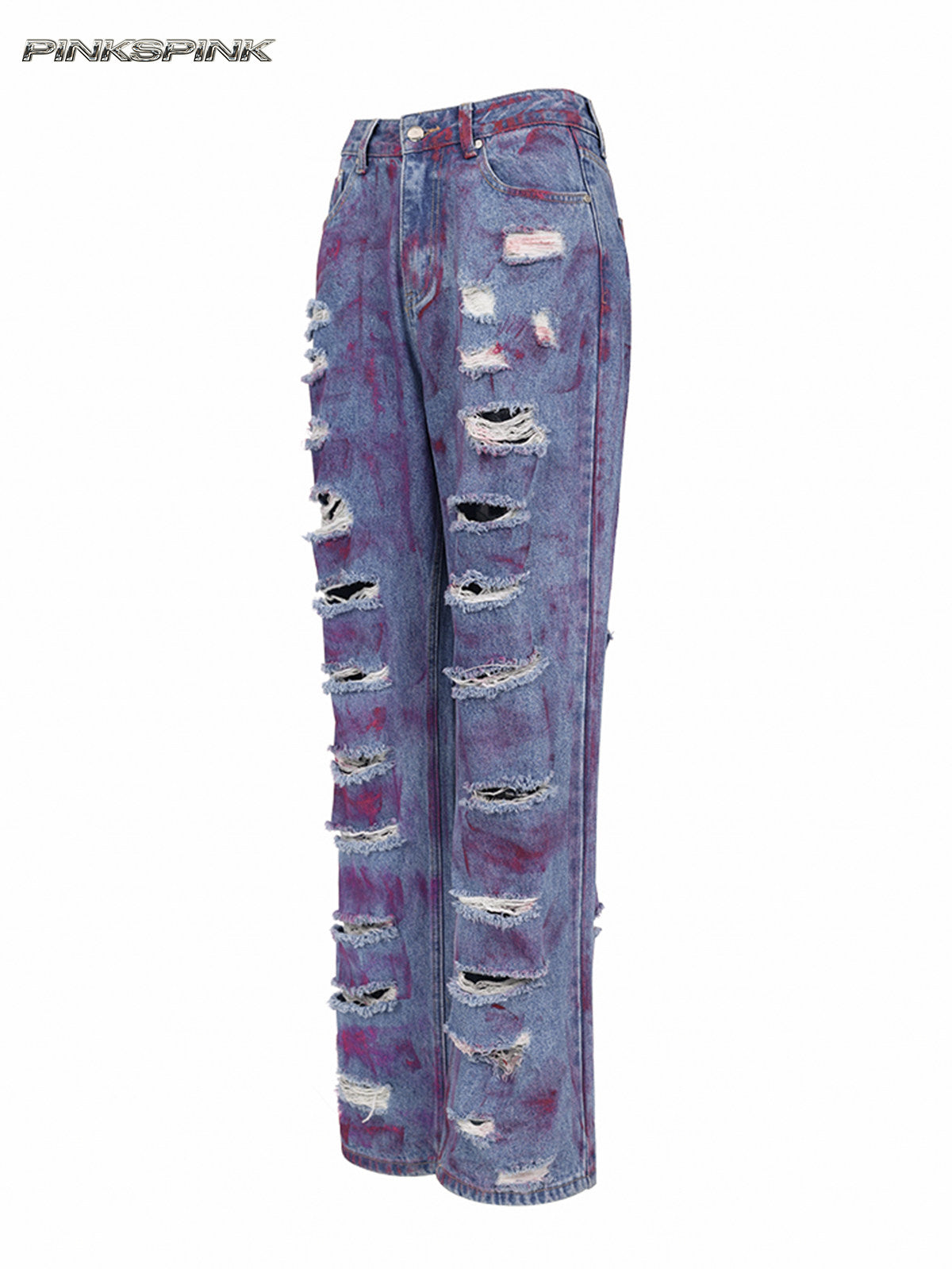 PINKSPINK WASTELAND pink-coated blue jeans — garment-only angled front view of the blue denim and pink coating