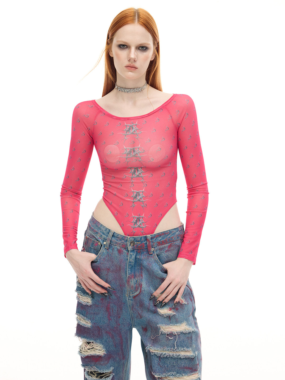 PINKSPINK WASTELAND pink-coated blue jeans — close front view of the coated waistband, pockets and upper-leg tears