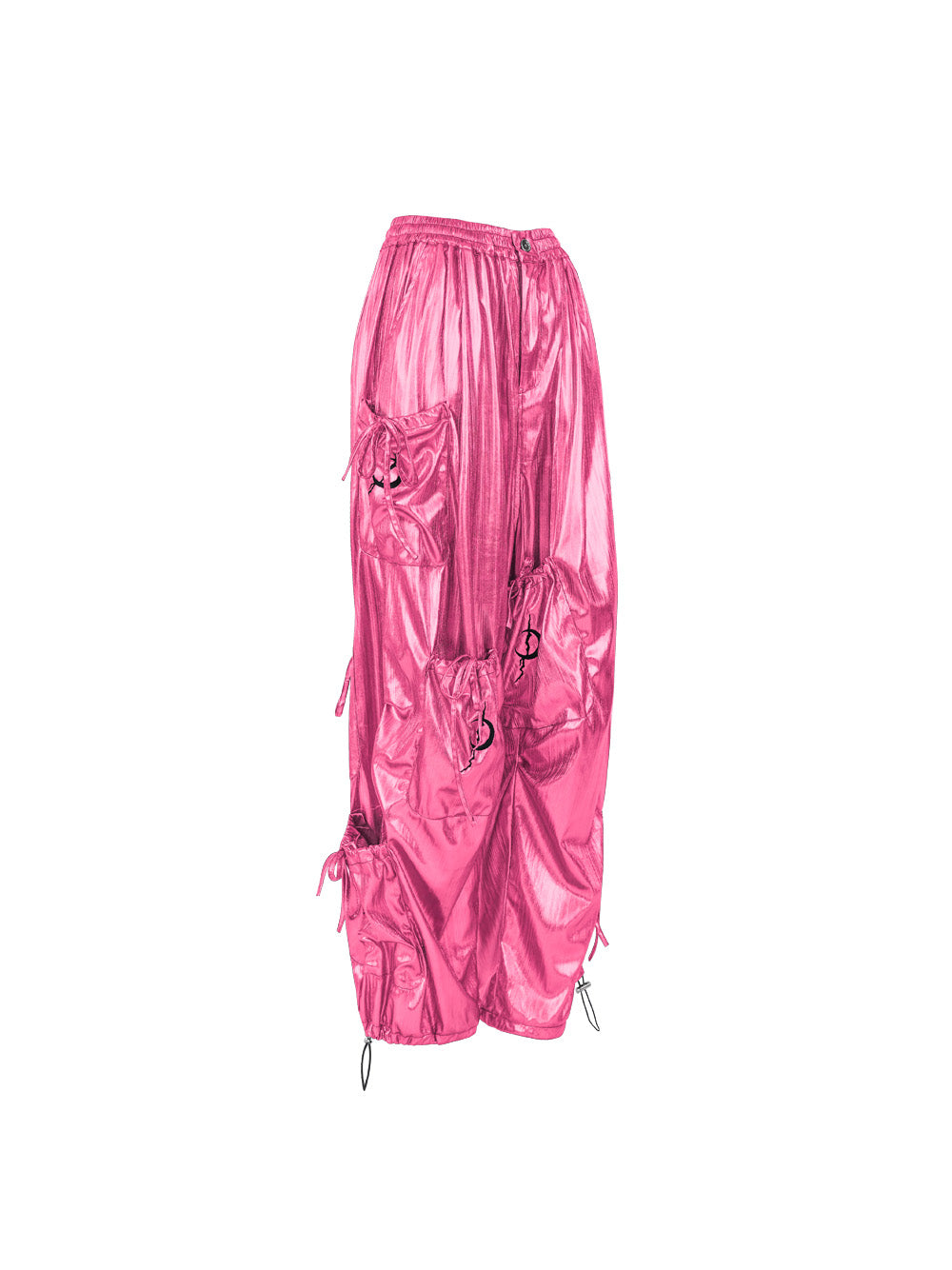 PINKSPINK BUTTERFLY EFFECT metallic bow-pocket cargo pants — pink garment-only front view with asymmetric bow-tied pockets.