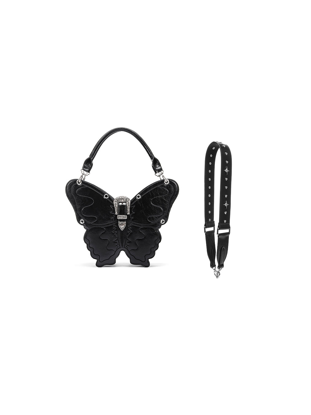 CIGABERRY butterfly-shaped faux-leather bag — black large bag and single shoulder strap arranged on a white background.