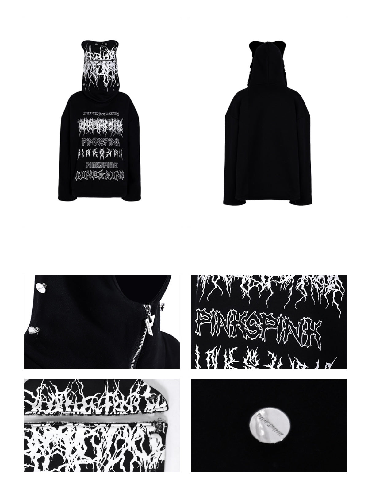 PINKSPINK MASK DECOMPOSITION hoodie — standalone front, back and detail views showing the zip hood, logo prints and metal fasteners