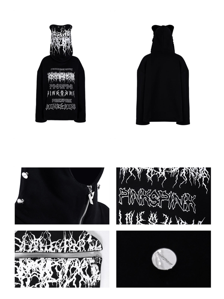 PINKSPINK MASK DECOMPOSITION hoodie — standalone front, back and detail views showing the zip hood, logo prints and metal fasteners
