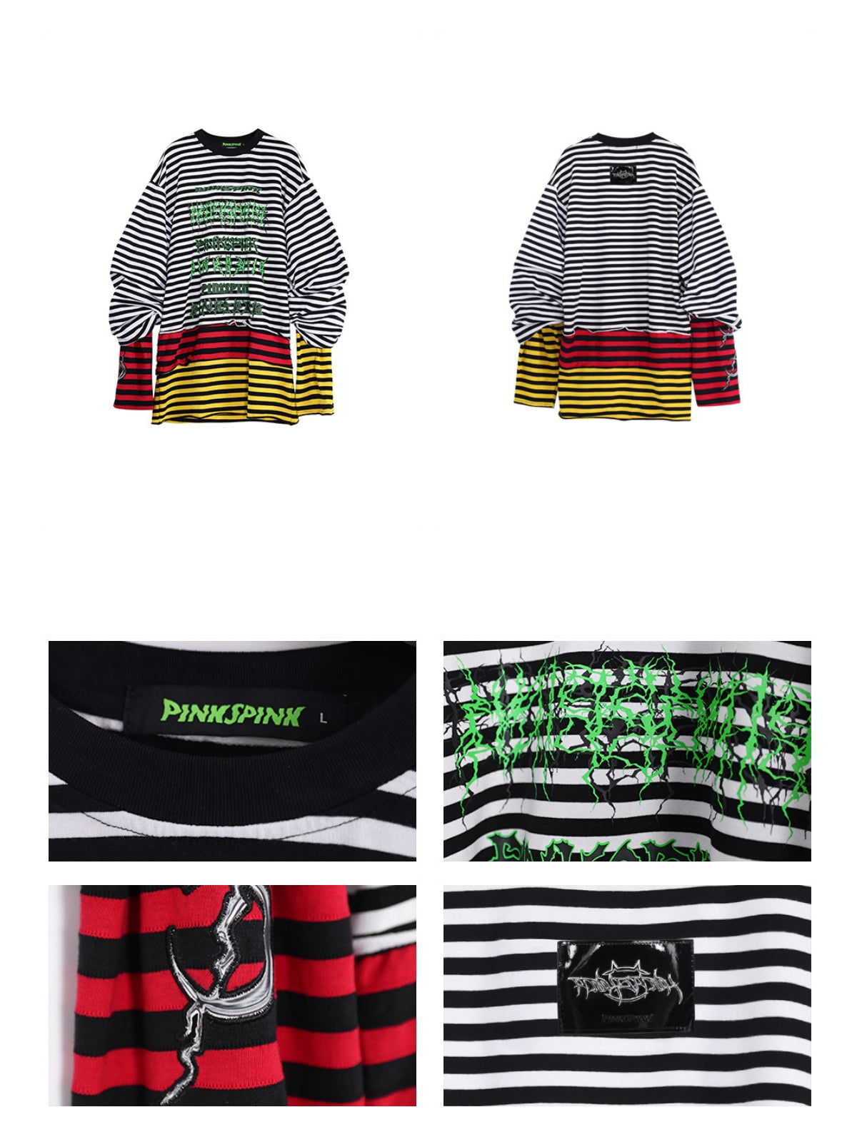 PINKSPINK STACKED STRIPES long-sleeve tee — front, back and detail collage showing the neckline label, green graphic, cuff embroidery and back logo