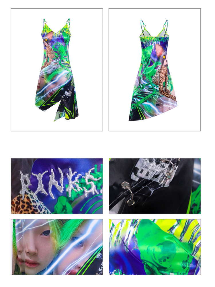 PINKSPINK SPHYNX fluorescent portrait asymmetric dress — garment front, back and embroidery and ring detail panels