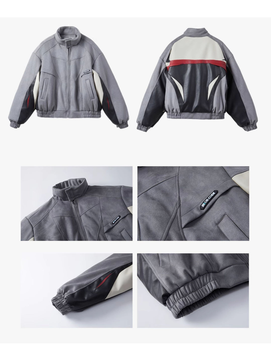ERRORCODE ROBOT haze-blue contrast-panel padded racing jacket, front and rear garment-only views with construction detail photographs