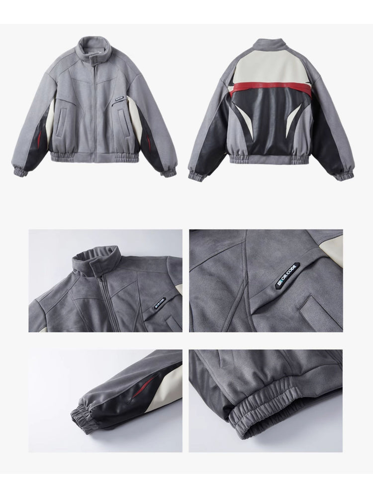 ERRORCODE ROBOT haze-blue contrast-panel padded racing jacket, front and rear garment-only views with construction detail photographs