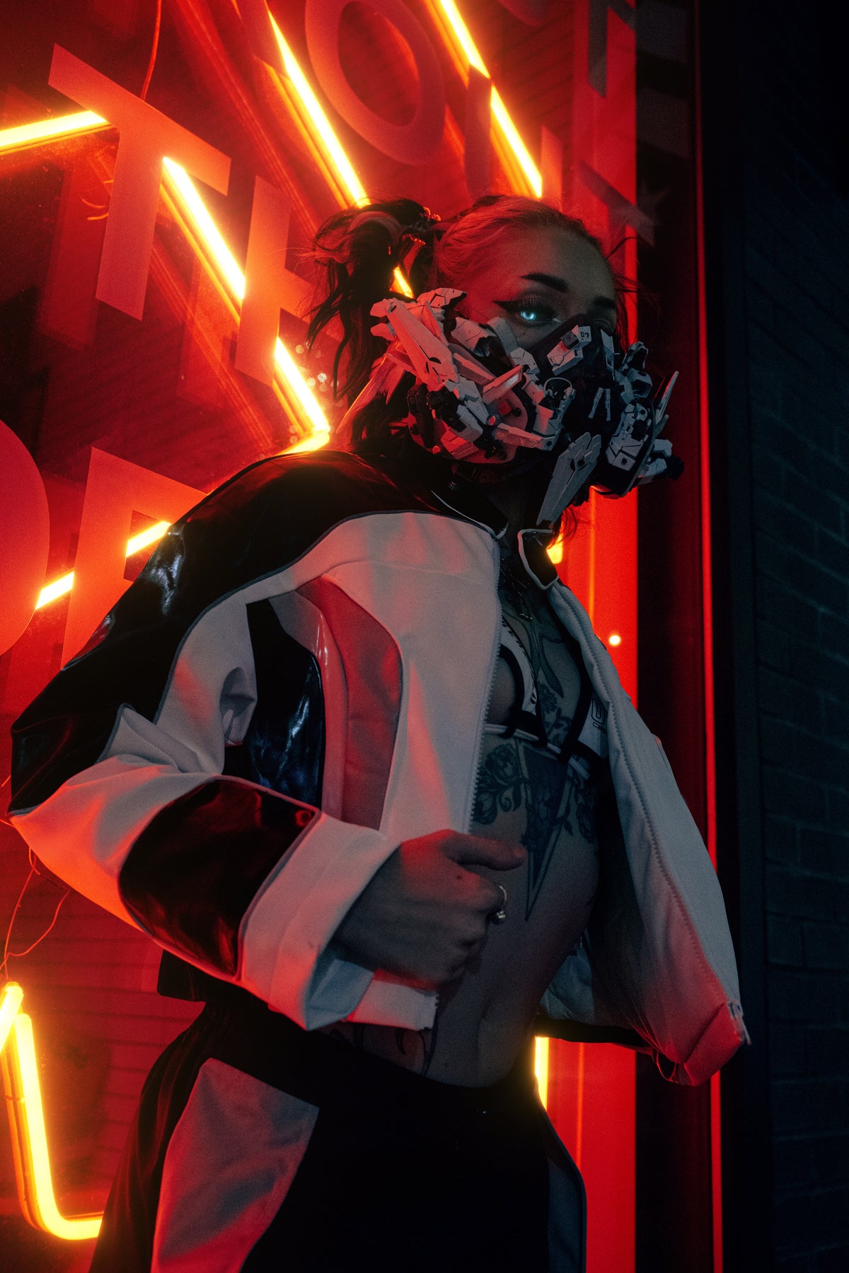 Dragon Star futurewear portrait in a red neon environment