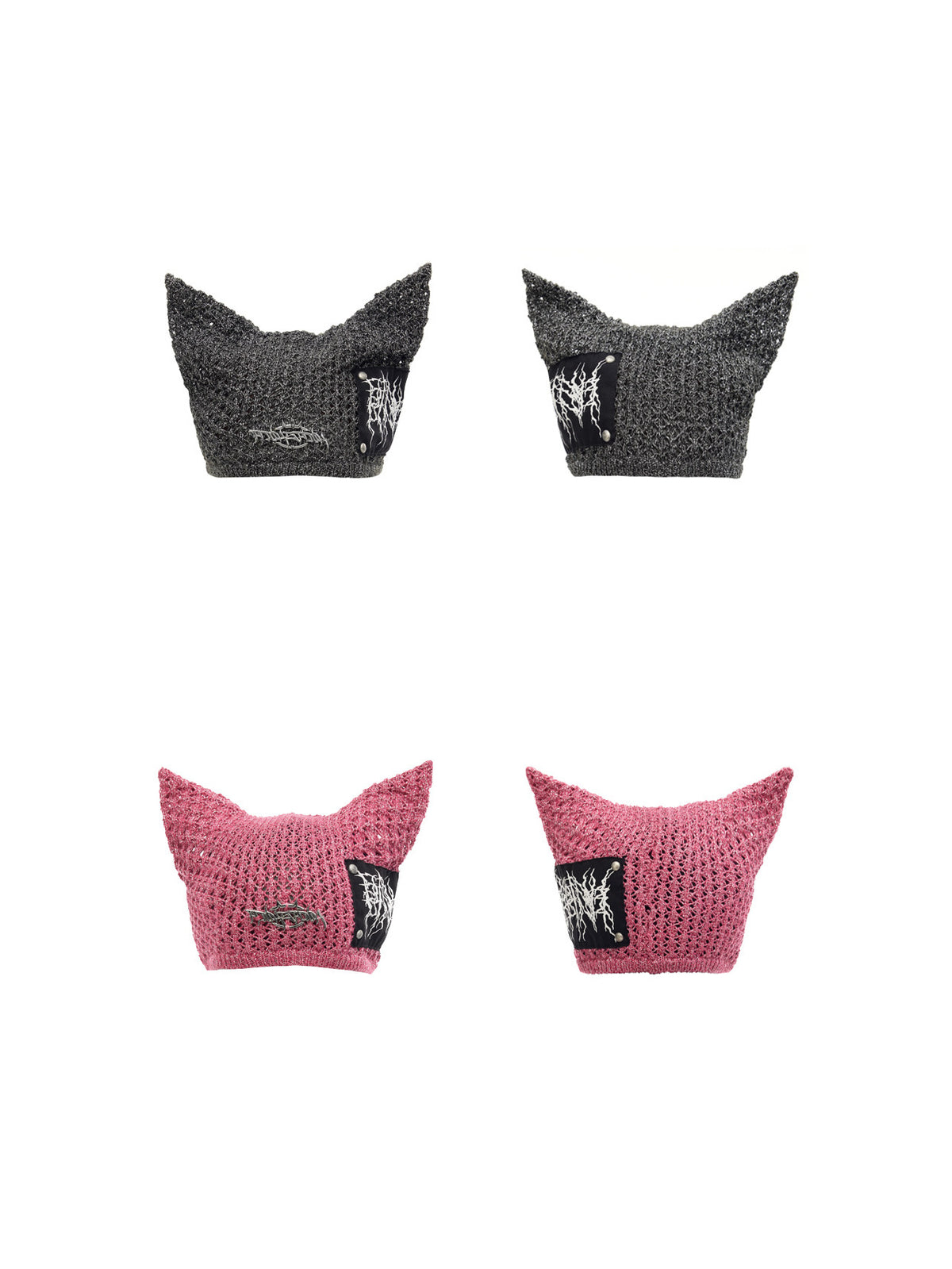 PINKSPINK DEVILCAT distressed cat-ear knit beanie in black and pink — front and back garment-only comparison