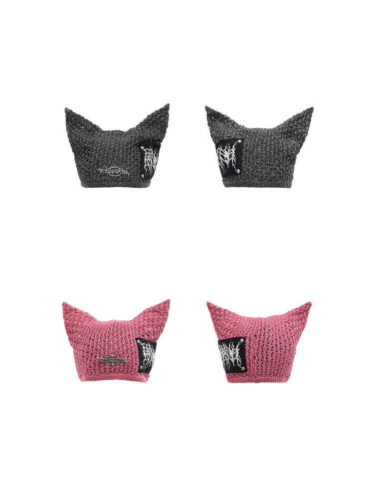 PINKSPINK DEVILCAT distressed cat-ear knit beanie in black and pink — front and back garment-only comparison