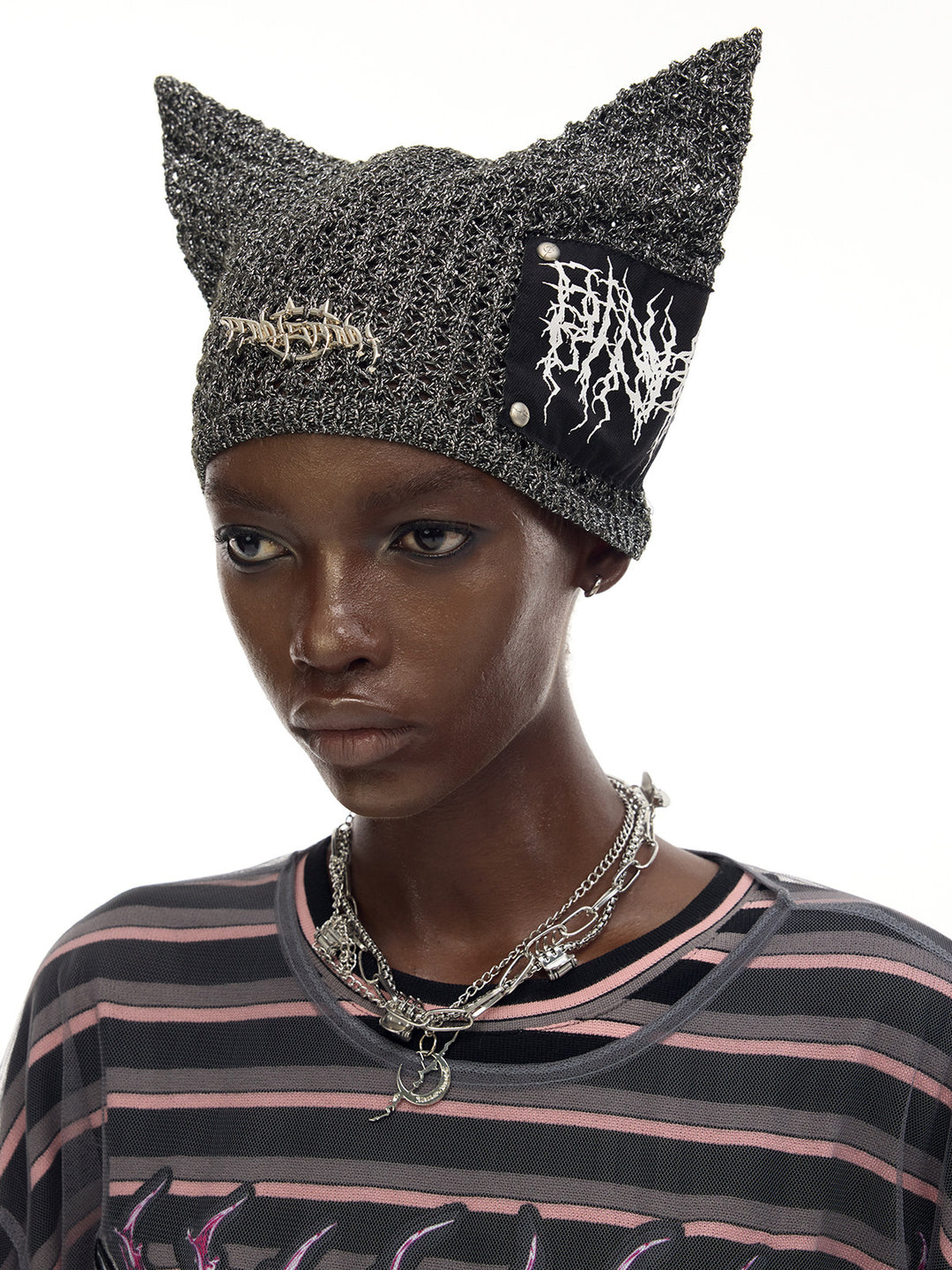 PINKSPINK DEVILCAT distressed cat-ear knit beanie in black — three-quarter modeled portrait